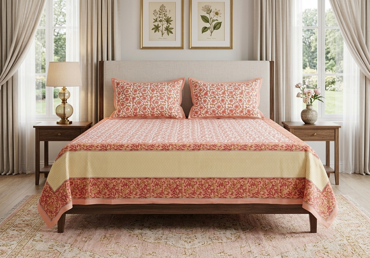 Queen Size Cotton Bedspread 90 × 100 Inches – Pink Floral Printed Design