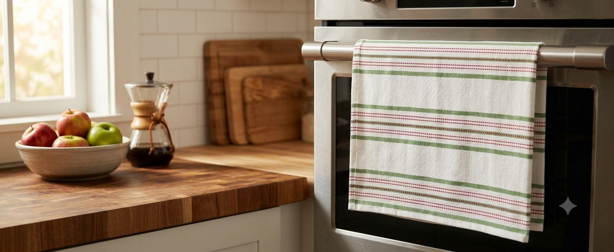 Set of 3 Printed Kitchen Towels | Striped, Festive & Autumn Leaf Designs