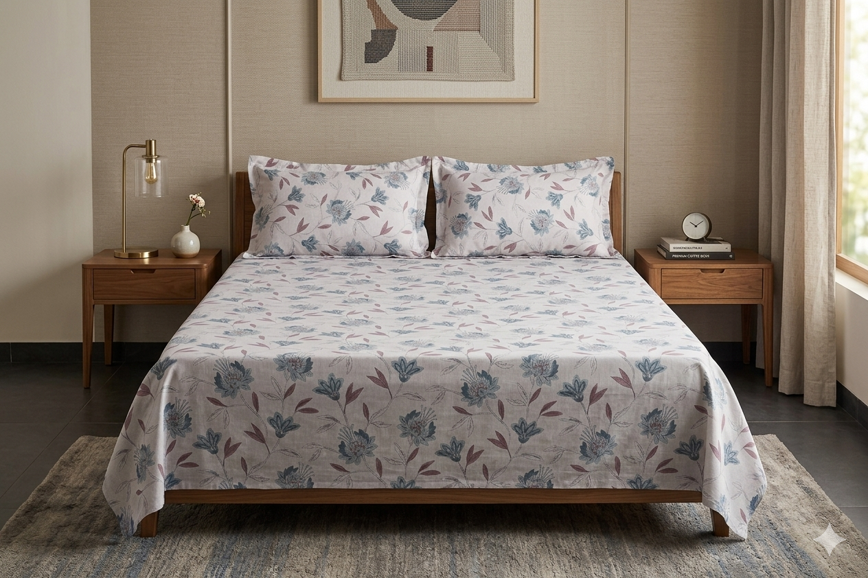 Elegant Blue Floral Queen Size Bedsheet Se
