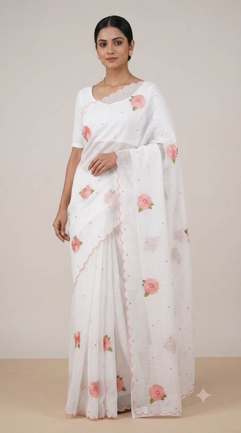 Elegant Floral Embroidered Net Kota Saree with Scalloped Border & Blouse Piece