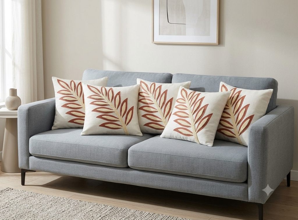 Elegant White Embroidered Cushion Covers with Leaf Design – Set of 5