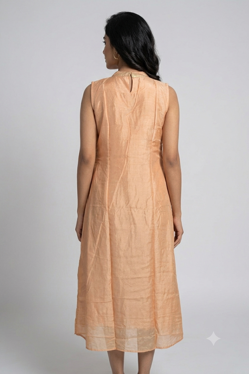 Women's Brocade Churidar Top with Gold Floral Weaving | Sleeveless Kurti Top with Sleeve Material Included