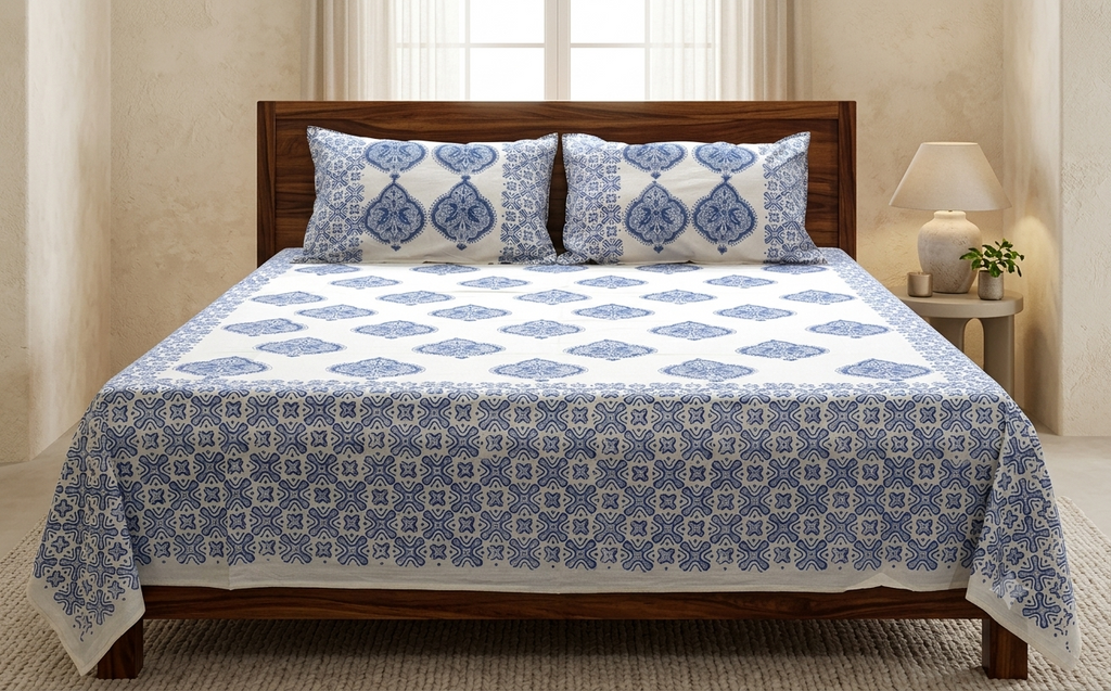 Queen Size Cotton Bedsheet with 2 Pillow Covers | Blue Floral Hand Block Print | 86 x 104 Inches