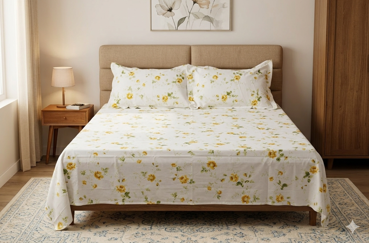 Yellow Floral Queen Size Bedsheet with Pillow Covers