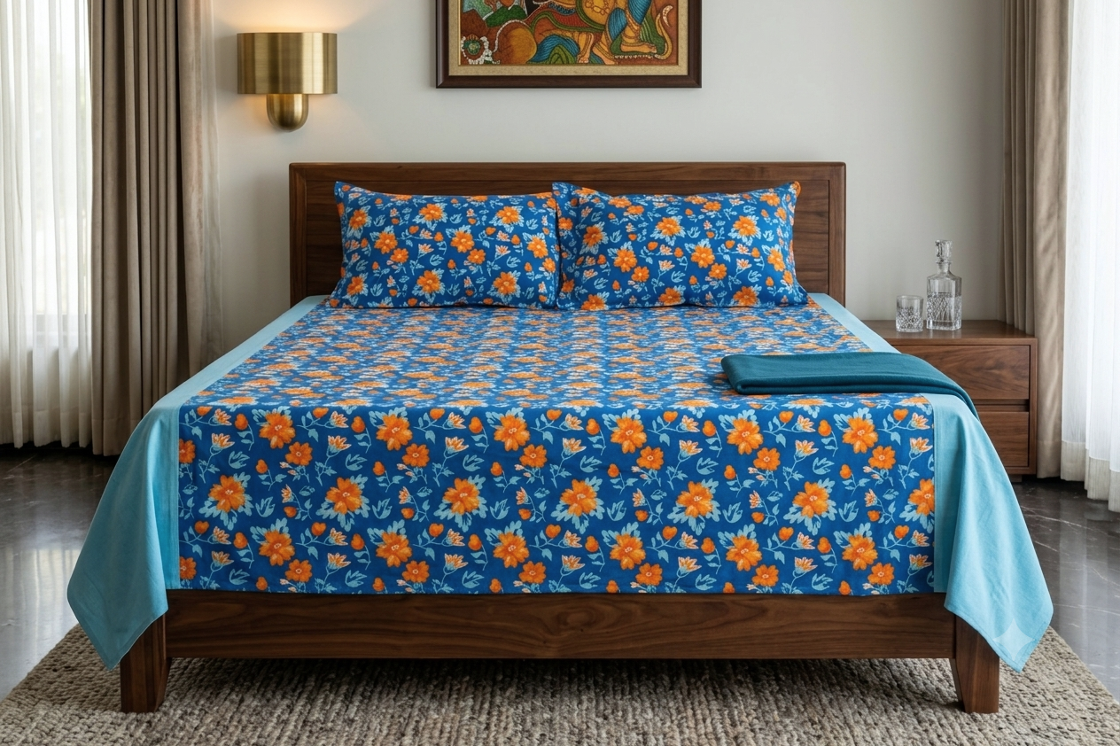 Queen Size Floral Bedsheet with 2 Pillow Covers | Blue & Orange Flower Print | Soft & Comfortable