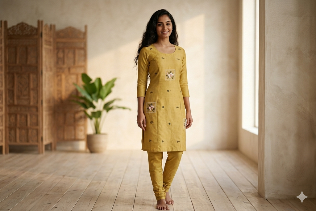 Mustard Bloom Berlin Silk Dress Material Set