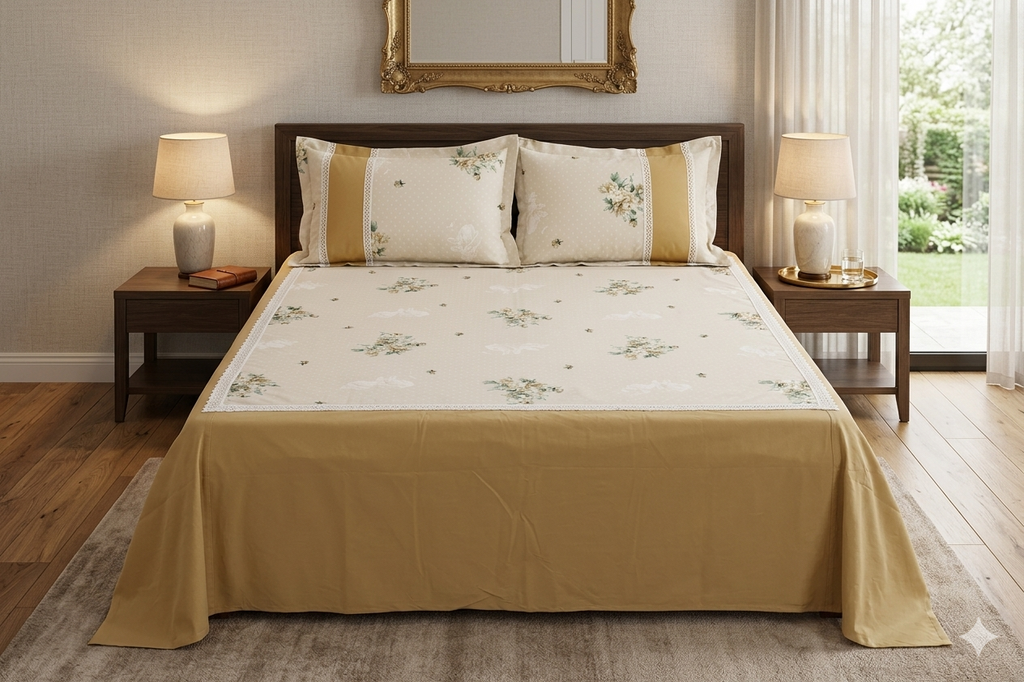 Elegant Ivory Floral King Size Bedspread Set with Pillow Covers – Premium Lace Border Design
