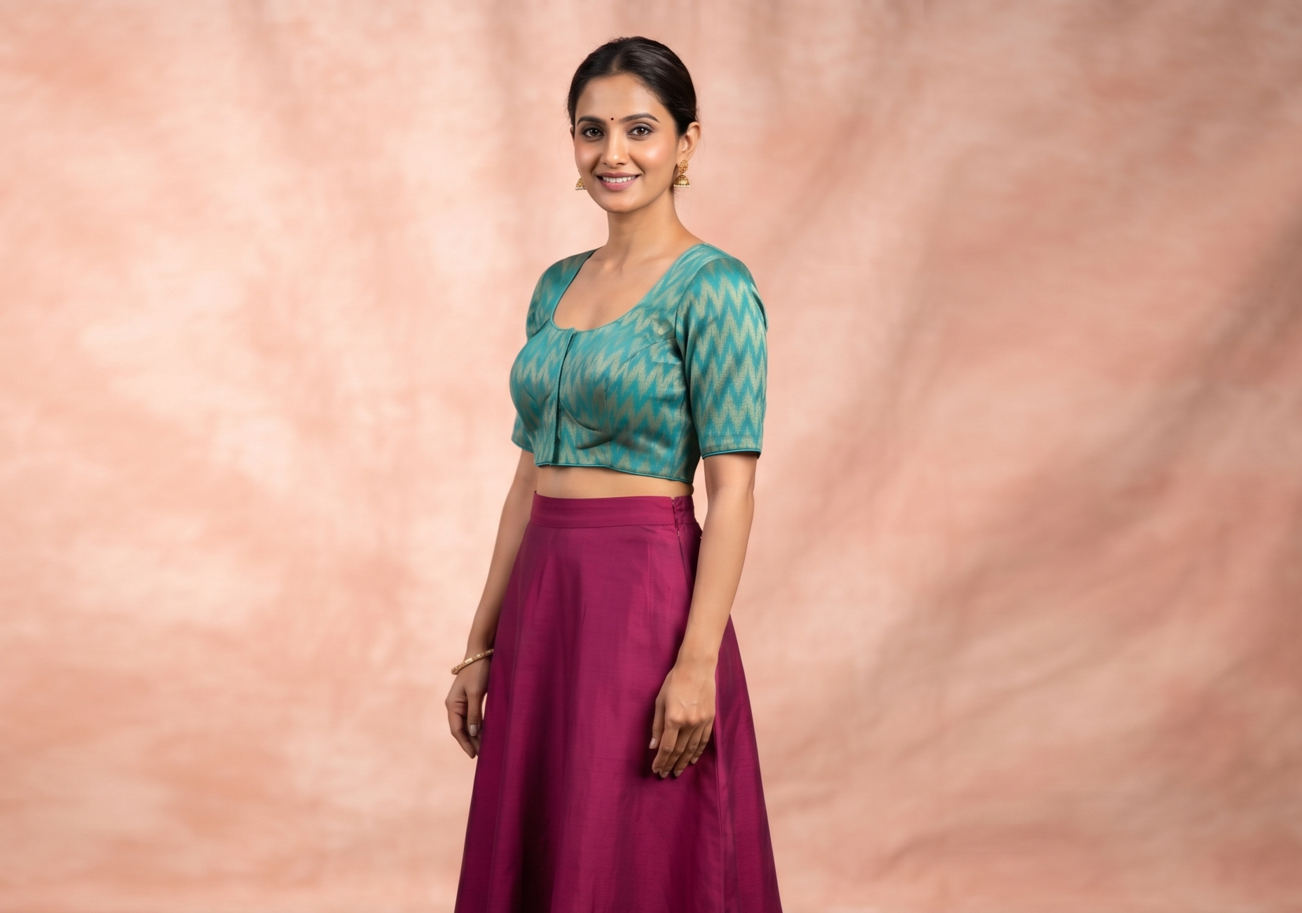 Women's Chanderi Silk Front Open Saree Blouse | Ready-to-Wear Designer Blouse | Teal Zigzag Pattern