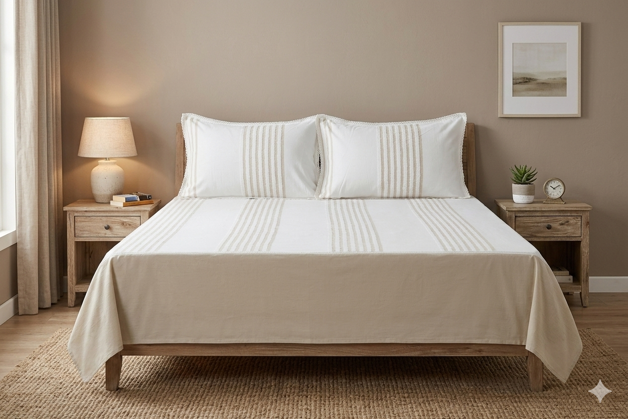 Premium Cotton King Size Bedspread with Textured Stripes & Lace Border – White & Beige
