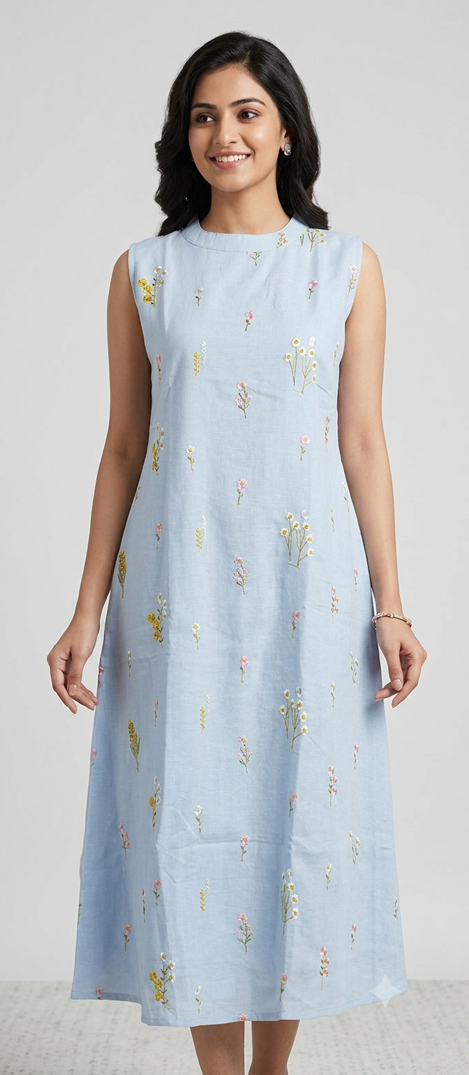 Women's Floral Embroidered Sleeveless Churidar Top | Cotton Blend Kurti Top | Top Only | Sleeve Fabric Included
