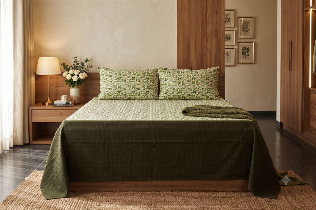 King Size Green Floral Cotton Bedsheet with 2 Pillow Covers