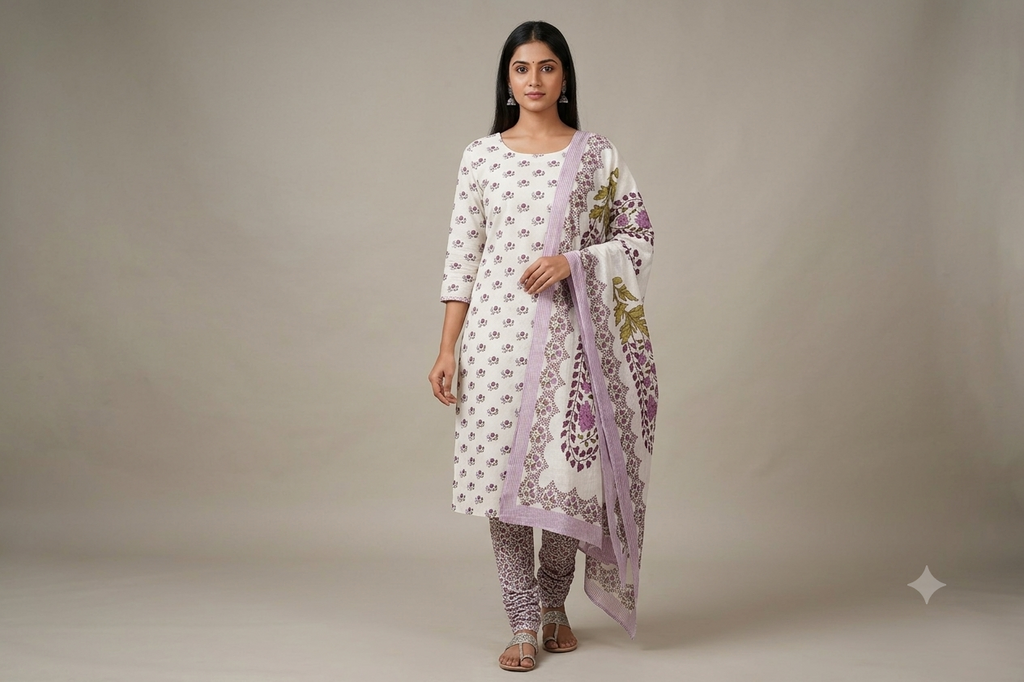 Soft Cotton Floral Dress Material with Shawl – Unstitched Salwar Suit Fabric | 44" Width | Top 2.5m, Bottom 2m