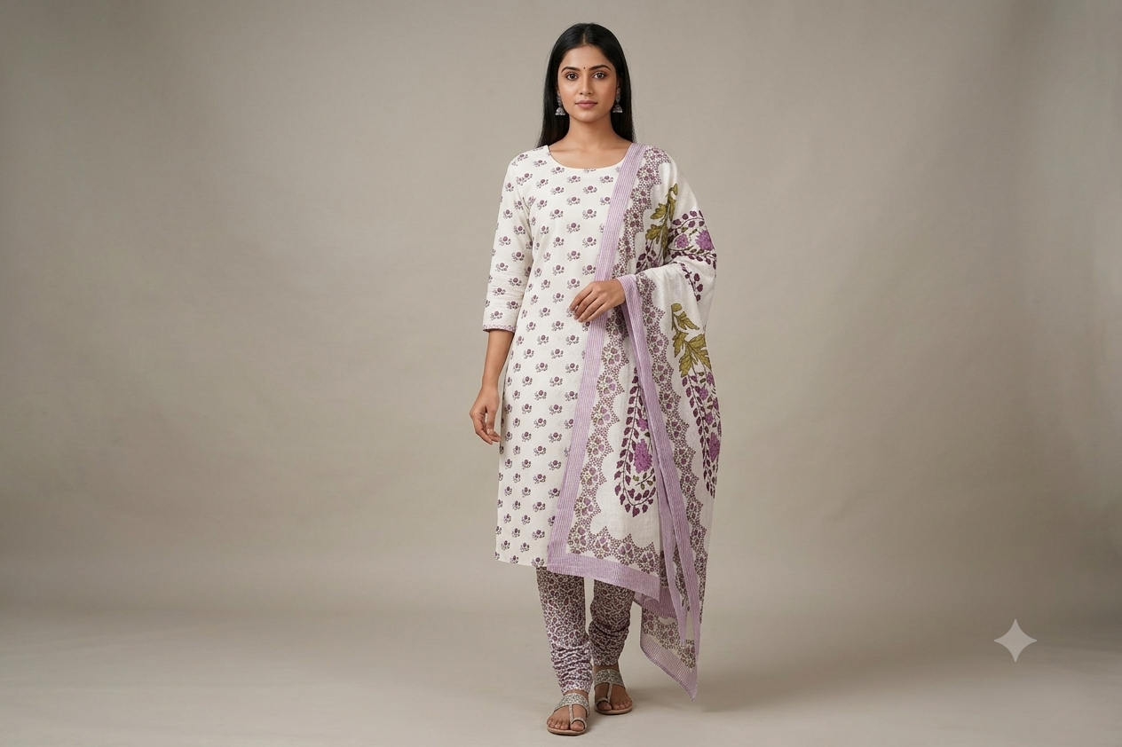 Soft Cotton Floral Dress Material with Shawl – Unstitched Salwar Suit Fabric | 44" Width | Top 2.5m, Bottom 2m