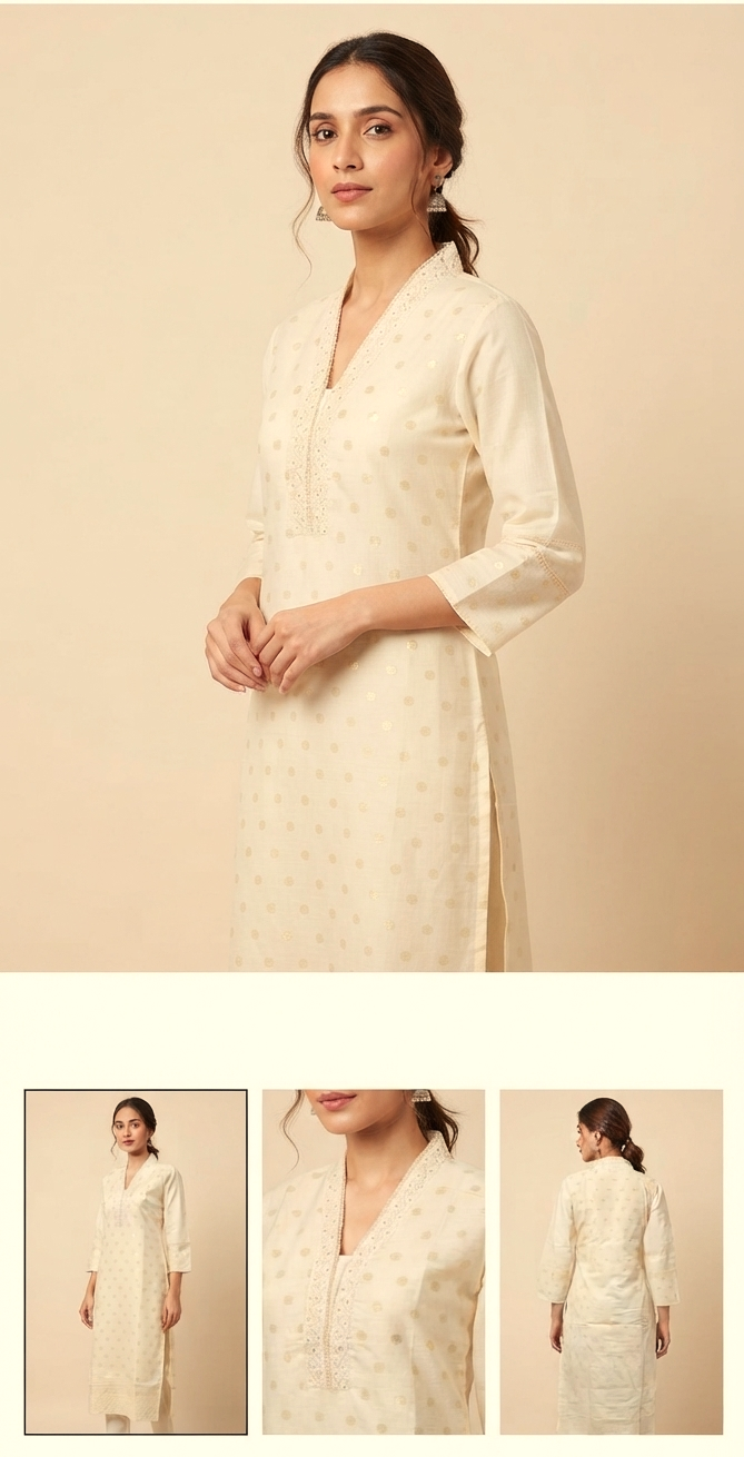 Women's Off-White Embroidered Cotton Blend Kurti Top with Gold Butta Print | 3/4 Sleeves | Straight Fit