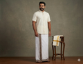 Premium White Cotton Double Mundu with Brown & Blue Kasavu Border