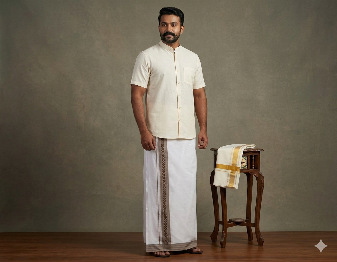 Premium White Cotton Double Mundu with Brown & Blue Kasavu Border