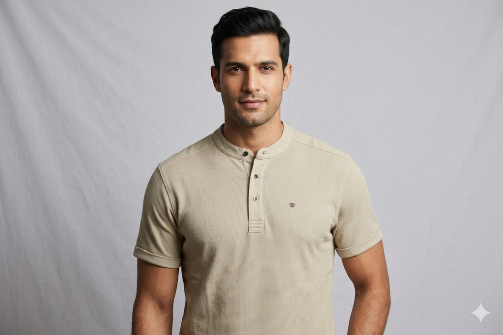 Men’s Off-White Textured Henley T-Shirt | Casual Slim Fit Half Sleeve Tee