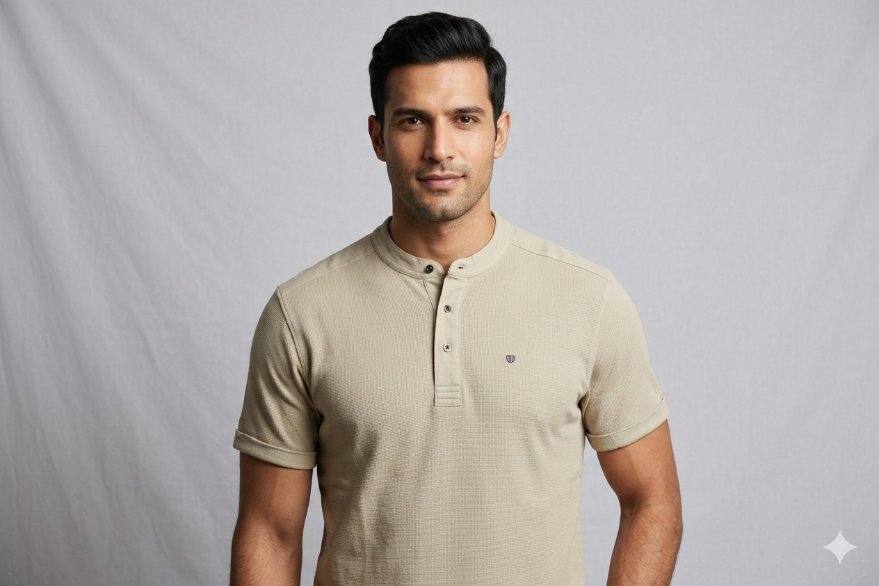 Men’s Off-White Textured Henley T-Shirt | Casual Slim Fit Half Sleeve Tee
