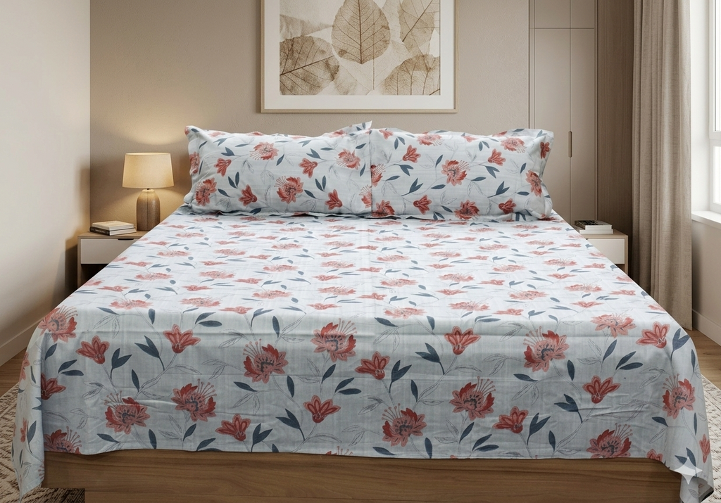 Soft Floral Print Queen Size Bedsheet with 2 Pillow Covers – Elegant Cotton Comfort