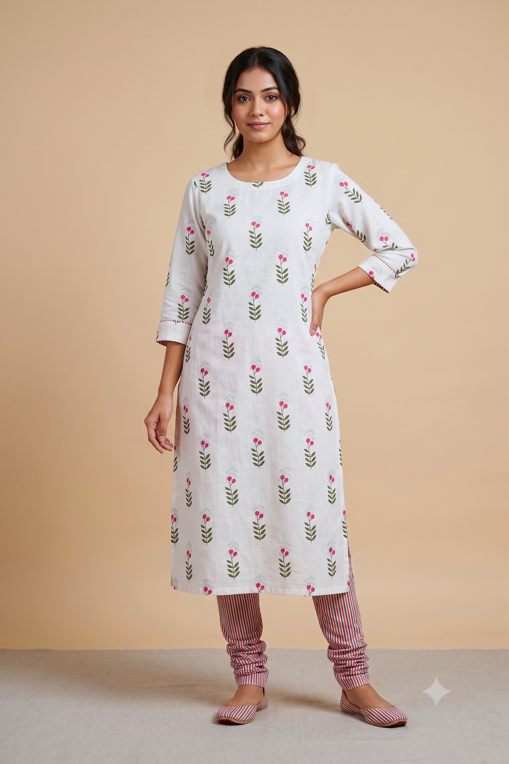 Cherry Blossom Semi Linen Dress Material Set – White Floral Print with Striped Bottom