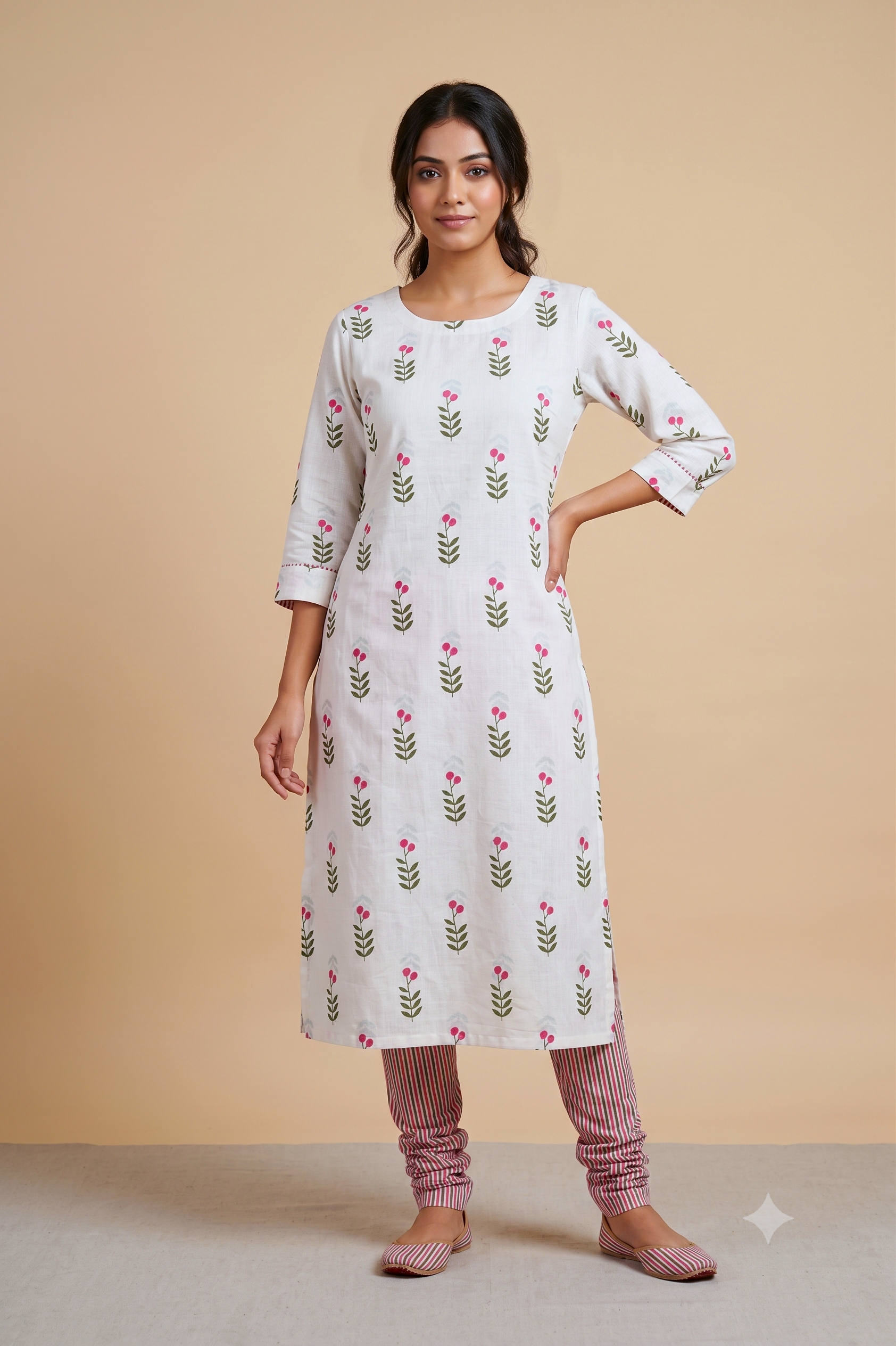 Cherry Blossom Semi Linen Dress Material Set – White Floral Print with Striped Bottom