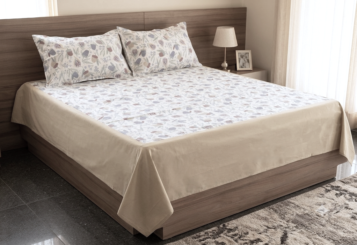 Queen Size Cotton Bedspread – Elegant Botanical Floral Print |
