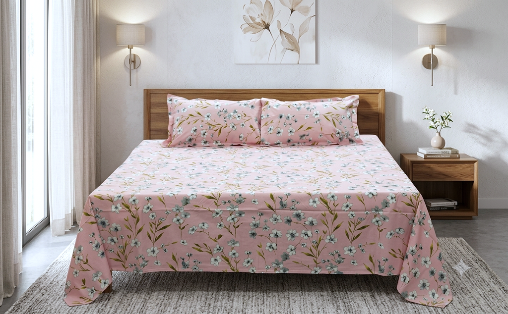 King Size Cotton Floral Bedsheet – Pink & Blue Floral Print | 110 × 110 Inches