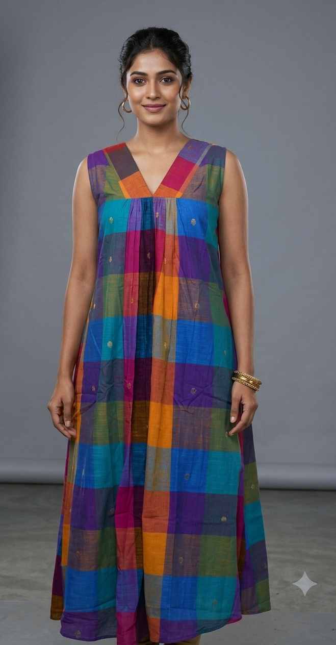 Madras Checks Cotton Sleeveless Ladies Top | Multicolor Check Pattern |
