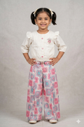 Girls Printed Co-Ord Set with Embroidered Top & Palazzo Pants – White & Pink