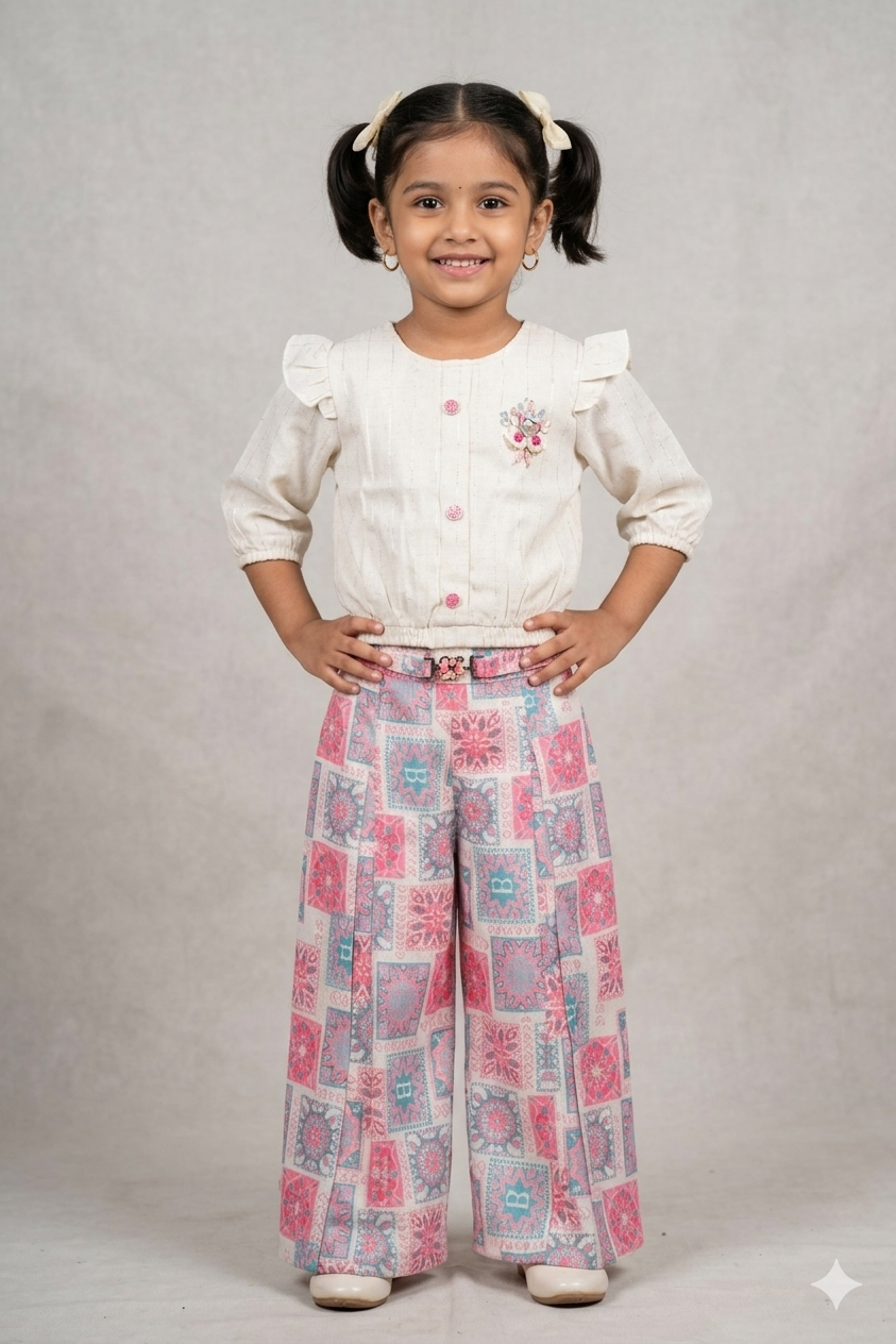 Girls Printed Co-Ord Set with Embroidered Top & Palazzo Pants – White & Pink