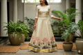 Elegant Lotus Print Tissue Dress Material Set with Saree, Top & Skirt Fabric – Cream & Gold