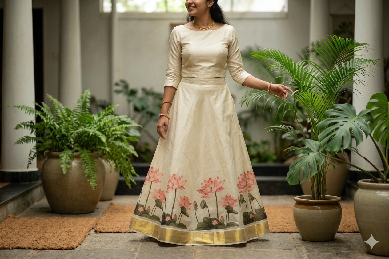 Elegant Lotus Print Tissue Dress Material Set with Saree, Top & Skirt Fabric – Cream & Gold