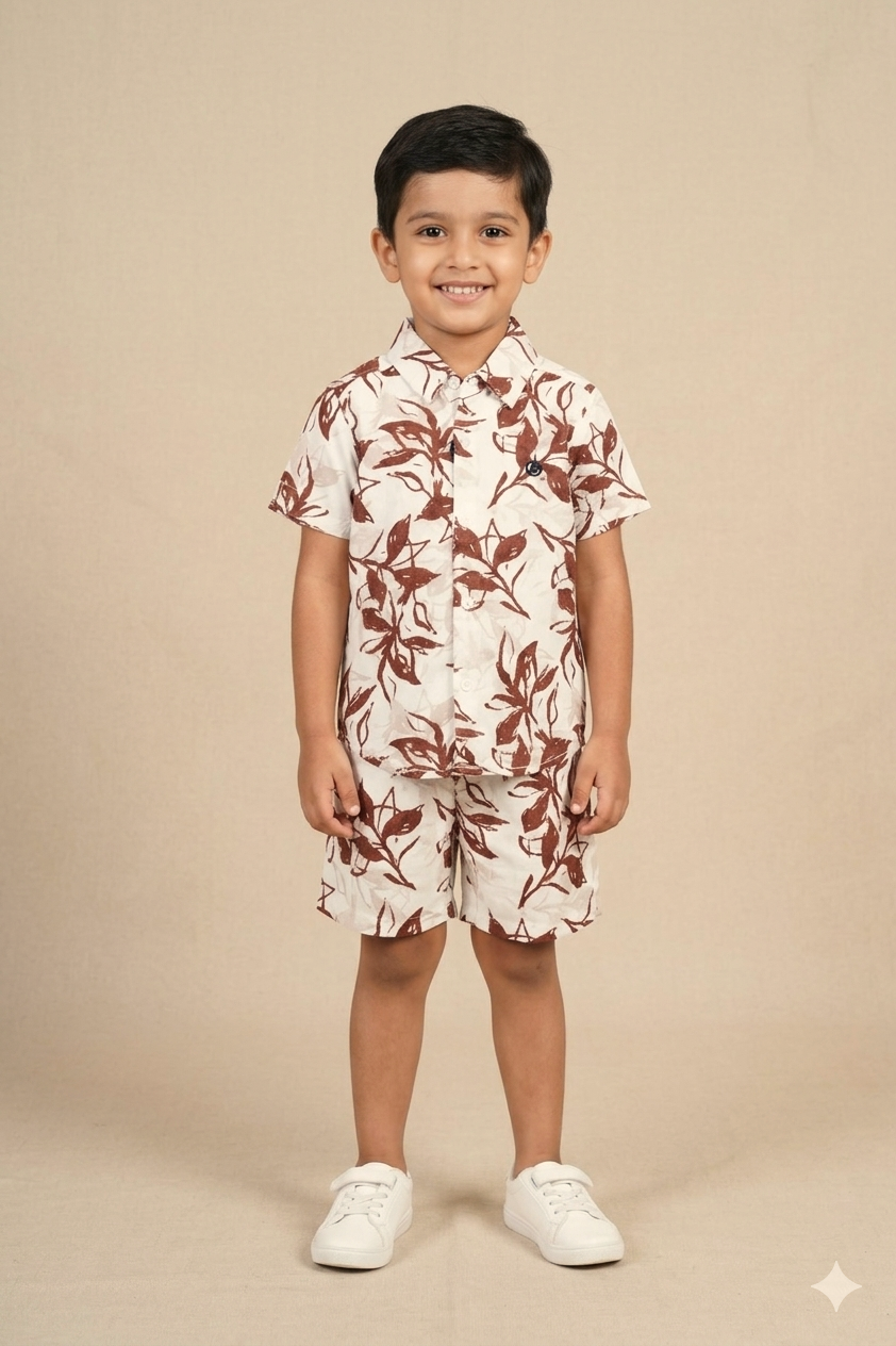 Boys Tropical Leaf Print Co-Ord Set – Half Sleeve Shirt & Shorts Set