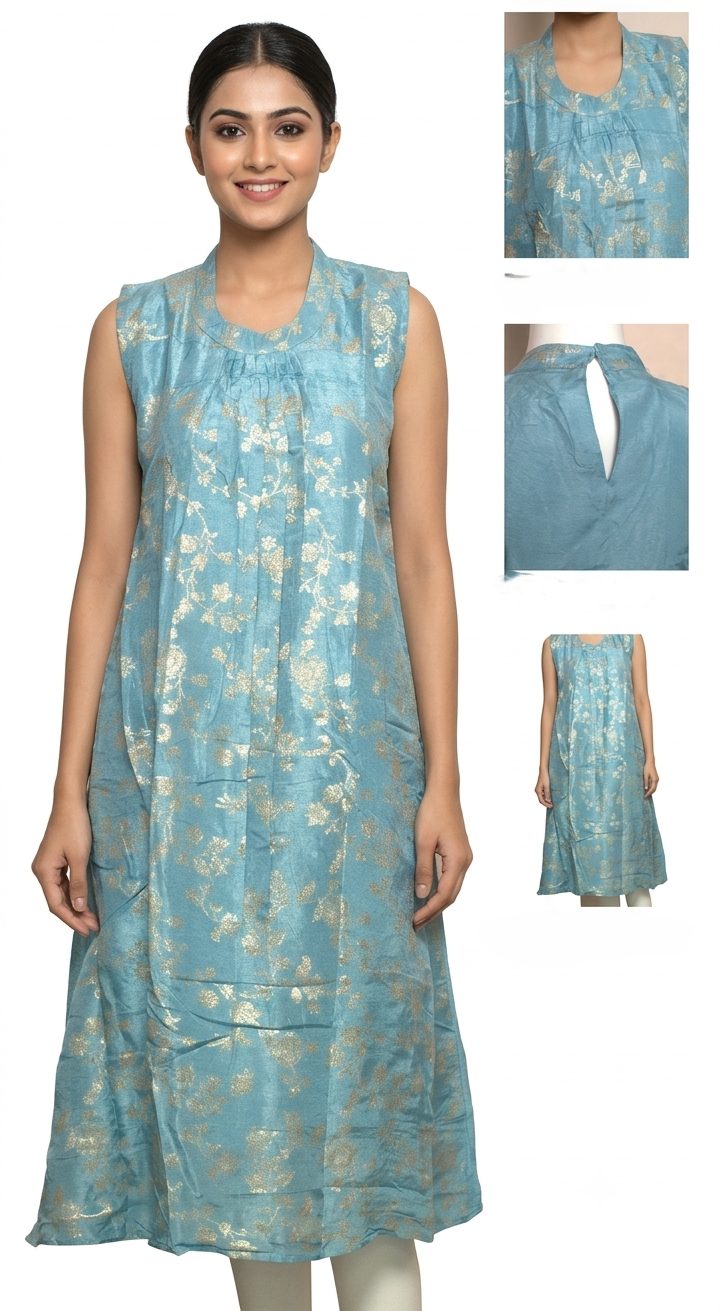Women's Sky Blue Floral Jacquard Churidar a lineTop with Sleeve Material | Round Neck | Top Only