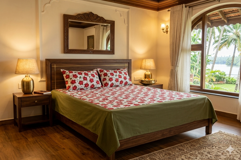 King Size Red Poinsettia Floral Printed Bedsheet with 2 Pillow Covers