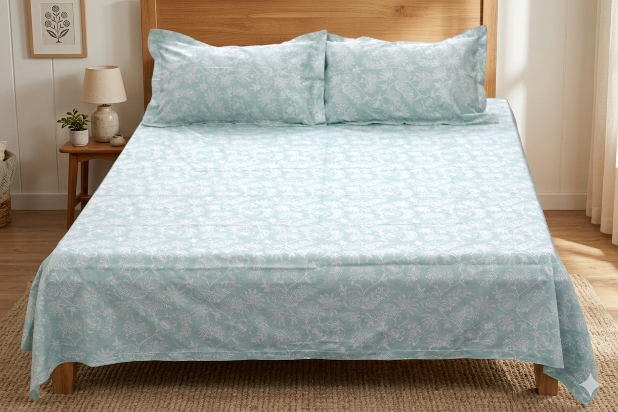 Mint Green Floral Queen Size Bedsheet with 2 Pillow Covers - Main Product Image - Floral - Nushio