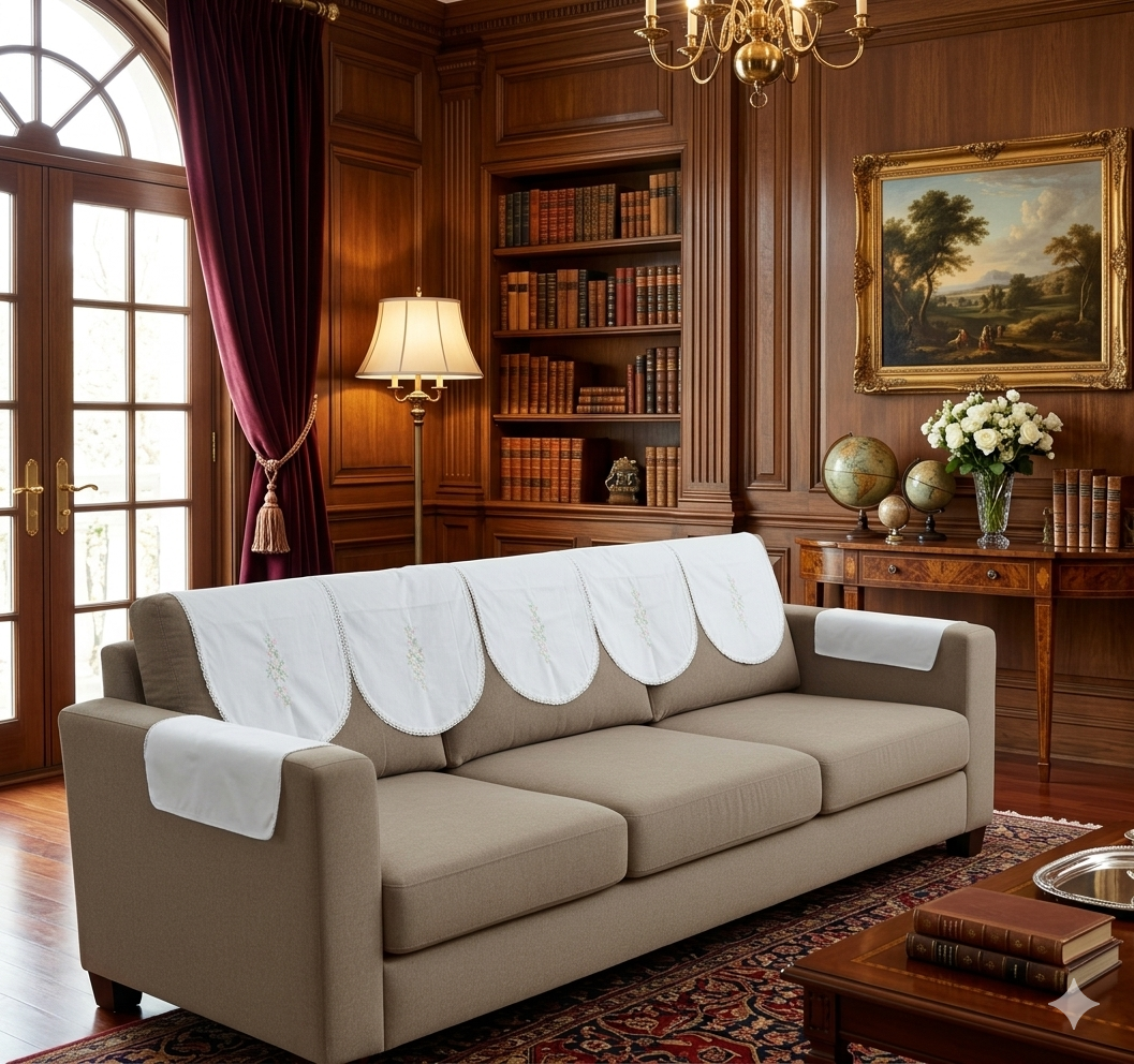 White Floral Embroidered Chair Back Cover Set
