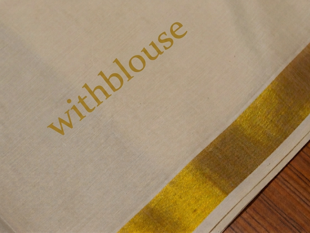 Traditional Kerala Kasavu Set Saree with Floral Embroidery Motif Work | Off-White Cotton Blend Saree with Golden Kasavu Border