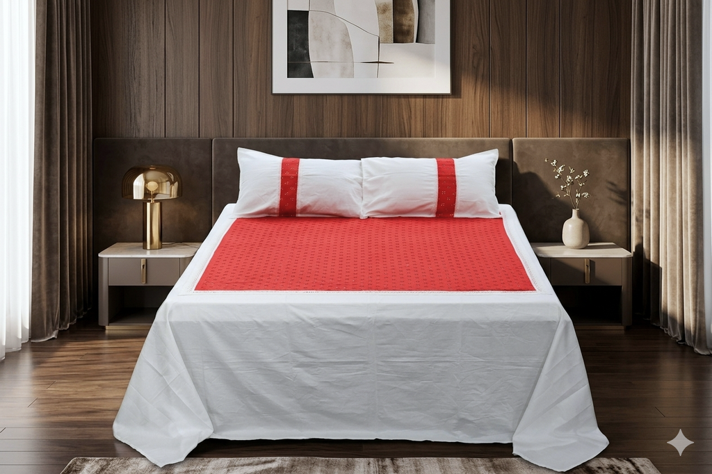 Luxury Red & White King Size Bedspread Set with Matching Pillow Covers