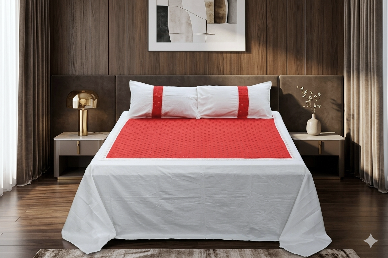 Luxury Red & White King Size Bedspread Set with Matching Pillow Covers