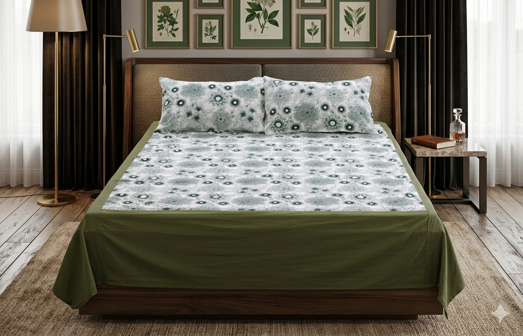 King Size Grey Floral Printed Bedsheet with 2 Pillow Covers | Elegant Botanical Design
