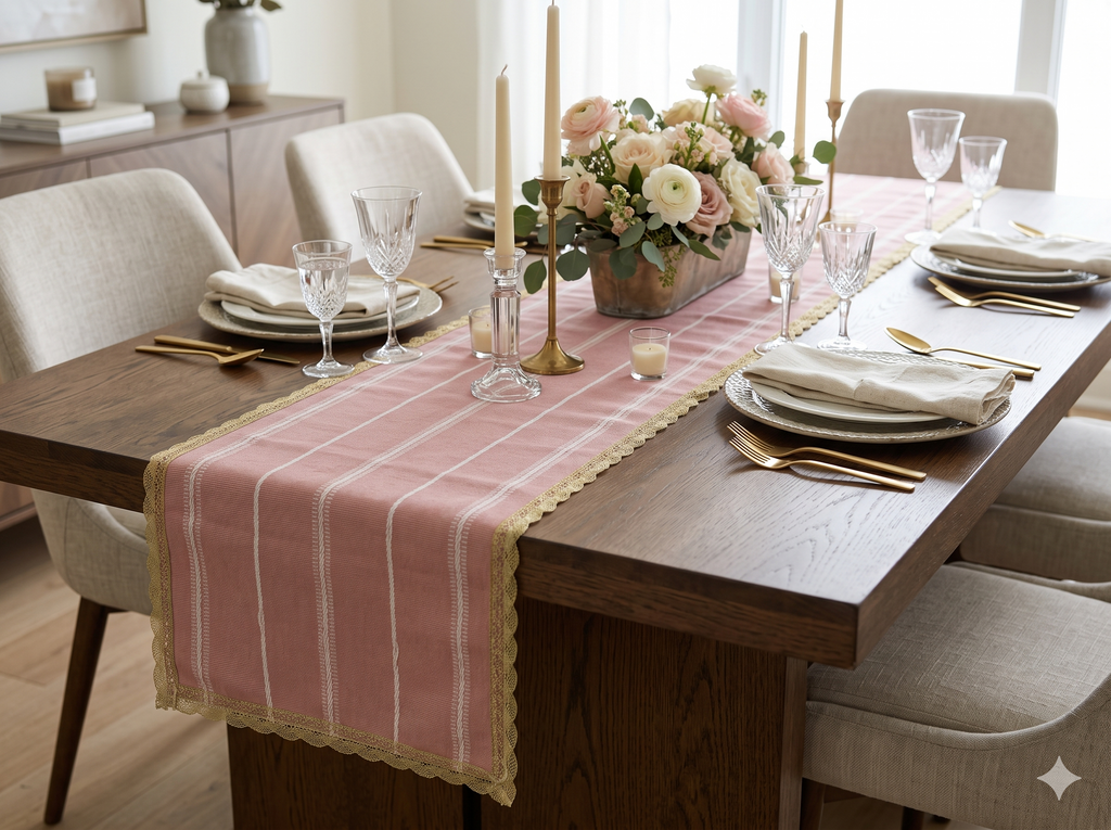 Pink Striped Table Runner with Decorative Lace Border – 240 × 35 cm