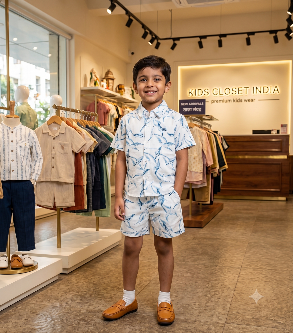 Boys White & Blue Tropical Print Co-Ord Set | Half Sleeve Shirt & Shorts Summer Outfit