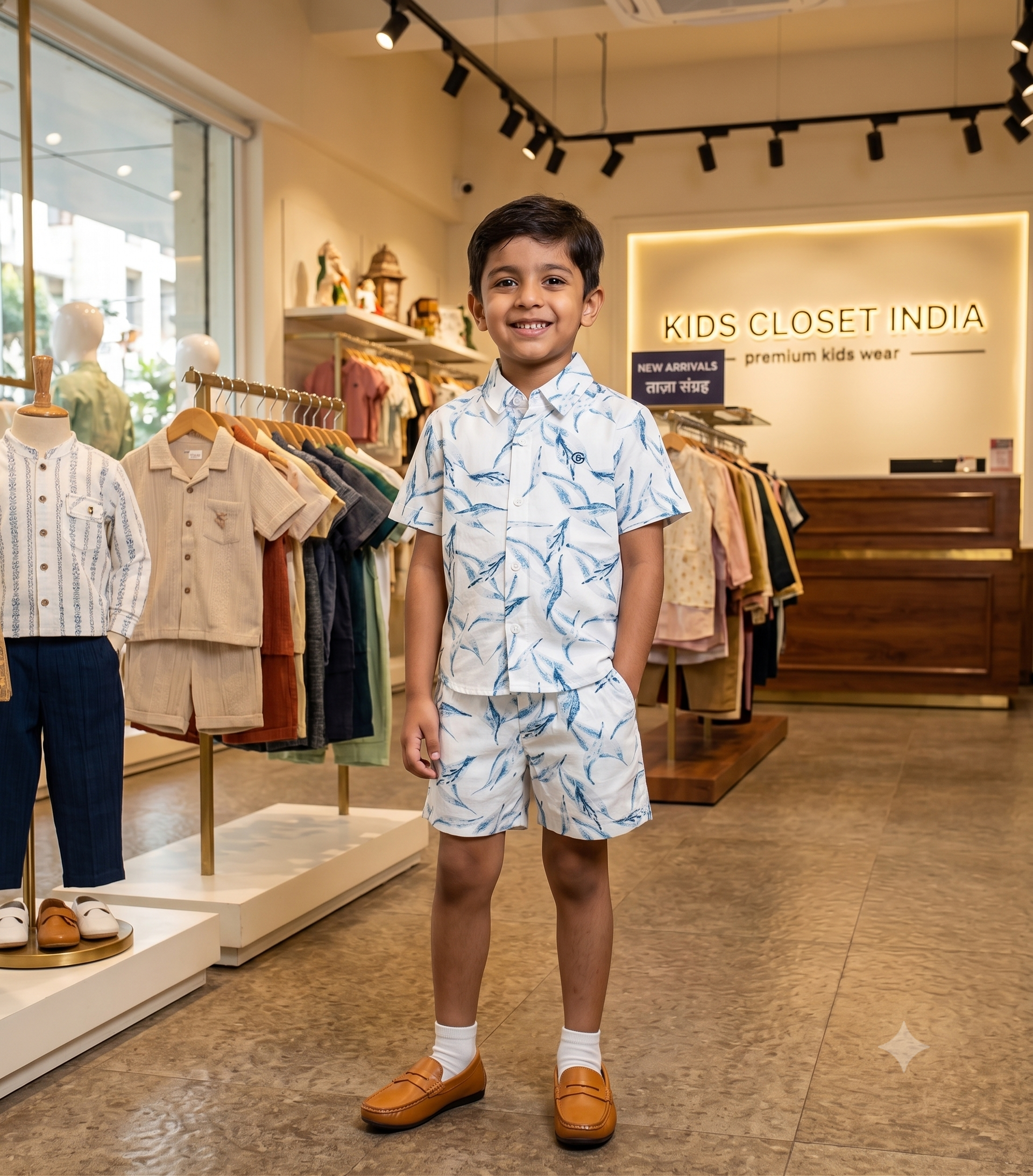 Boys White & Blue Tropical Print Co-Ord Set | Half Sleeve Shirt & Shorts Summer Outfit