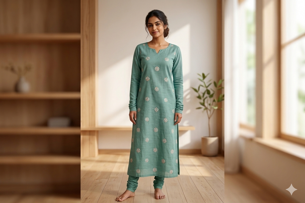 Elegant Mint Green Semi Linen Dress Material Set with Floral Embroidery (Top & Bottom)