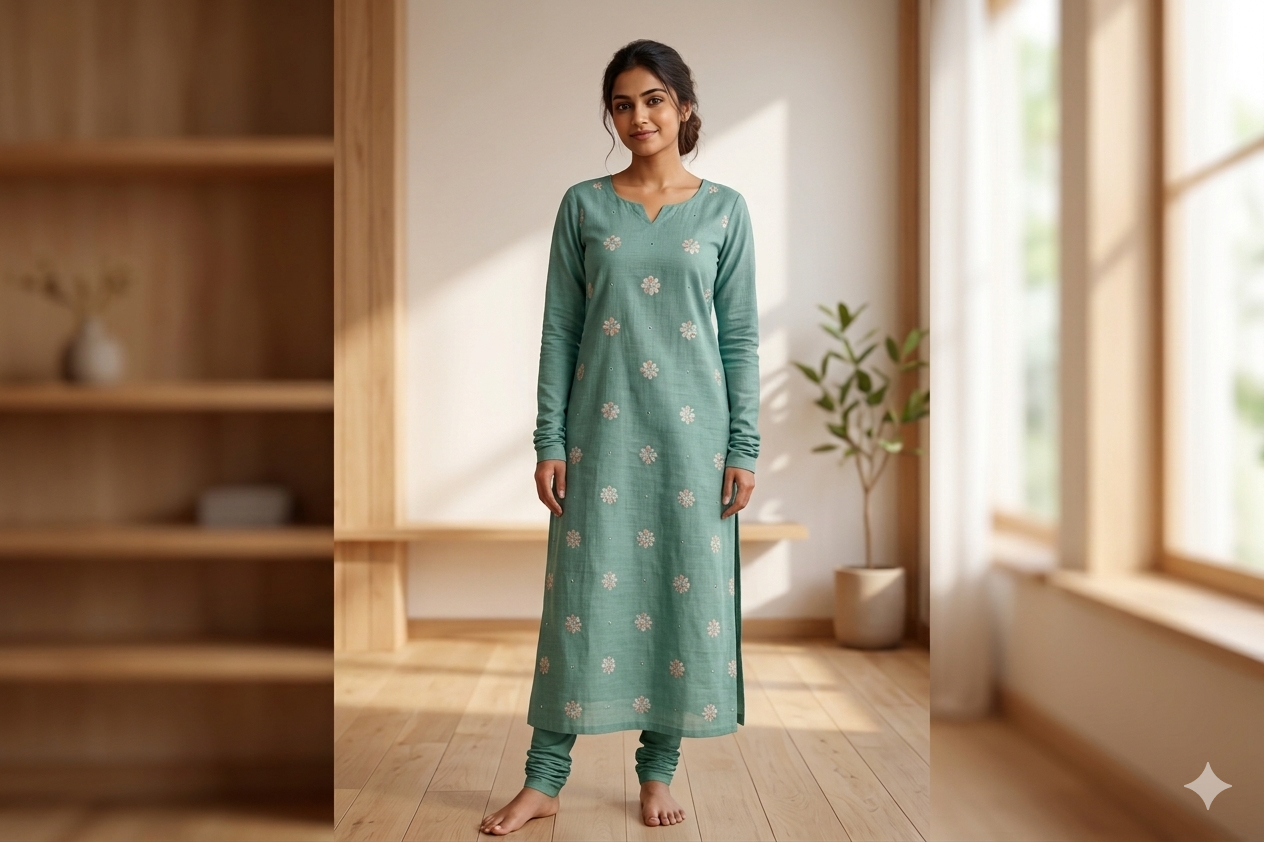 Elegant Mint Green Semi Linen Dress Material Set with Floral Embroidery (Top & Bottom)