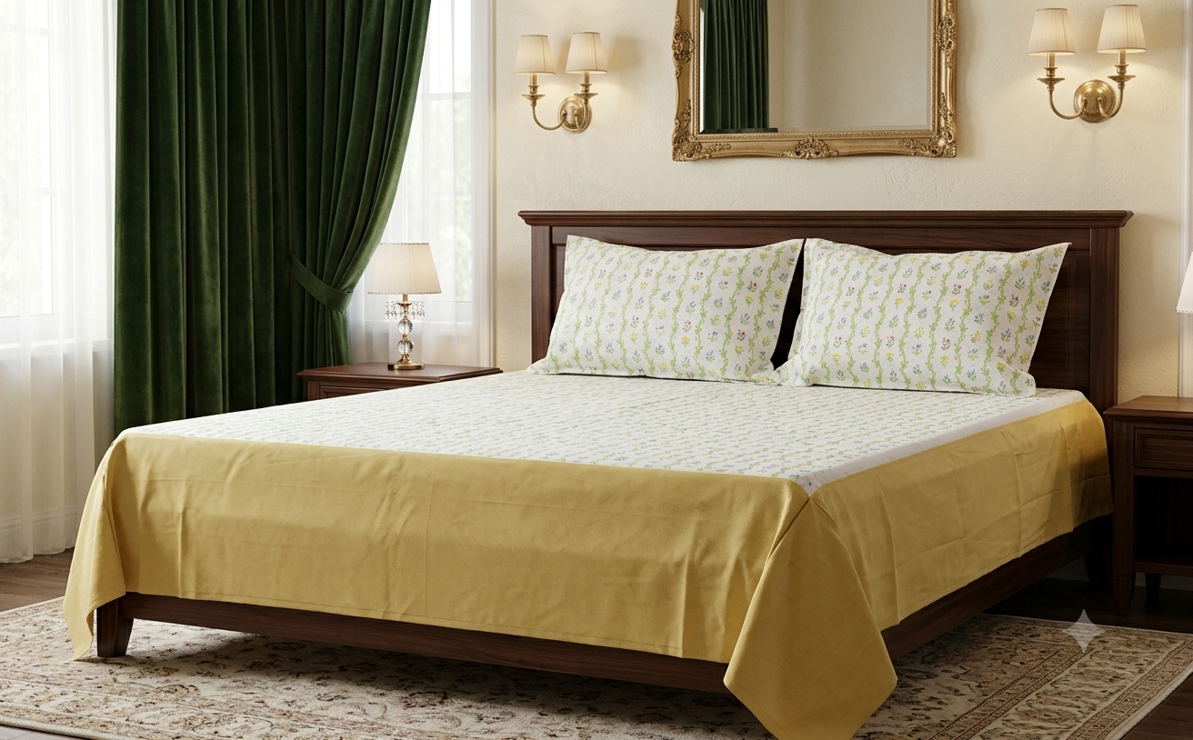 King Size Cotton Floral Bedsheet with 2 Pillow Covers – White & Pastel Green Botanical Print