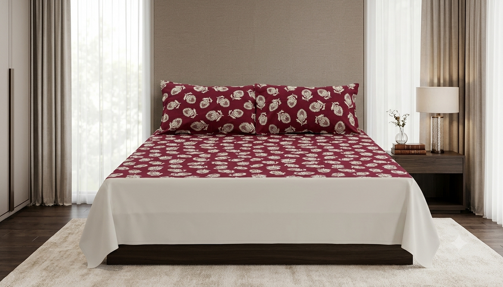 King Size Cotton Bedsheet with 2 Pillow Covers – Maroon Floral Leaf Print |