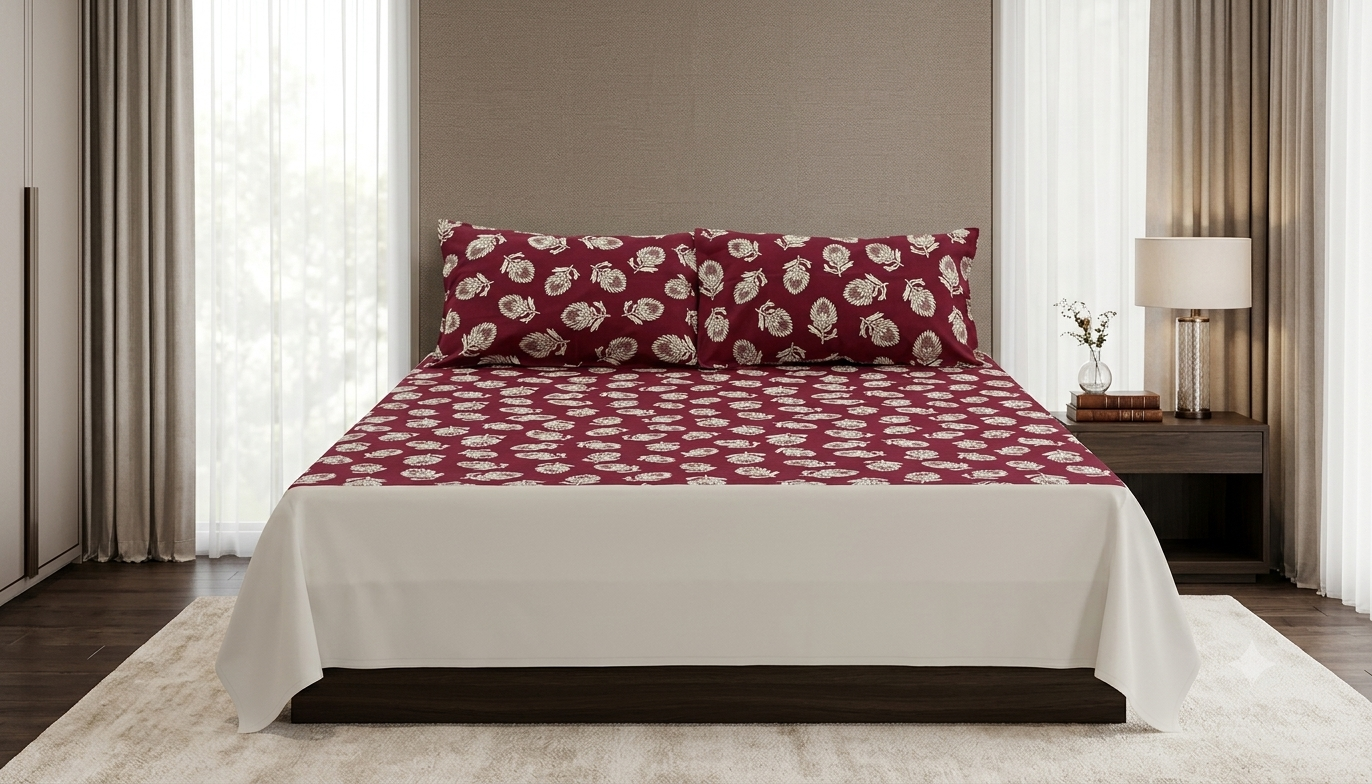 King Size Cotton Bedsheet with 2 Pillow Covers – Maroon Floral Leaf Print |