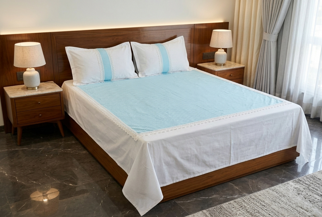 King Size Cotton Bedsheet with 2 Pillow Covers | White & Sky Blue Checked Design | Elegant Lace Border